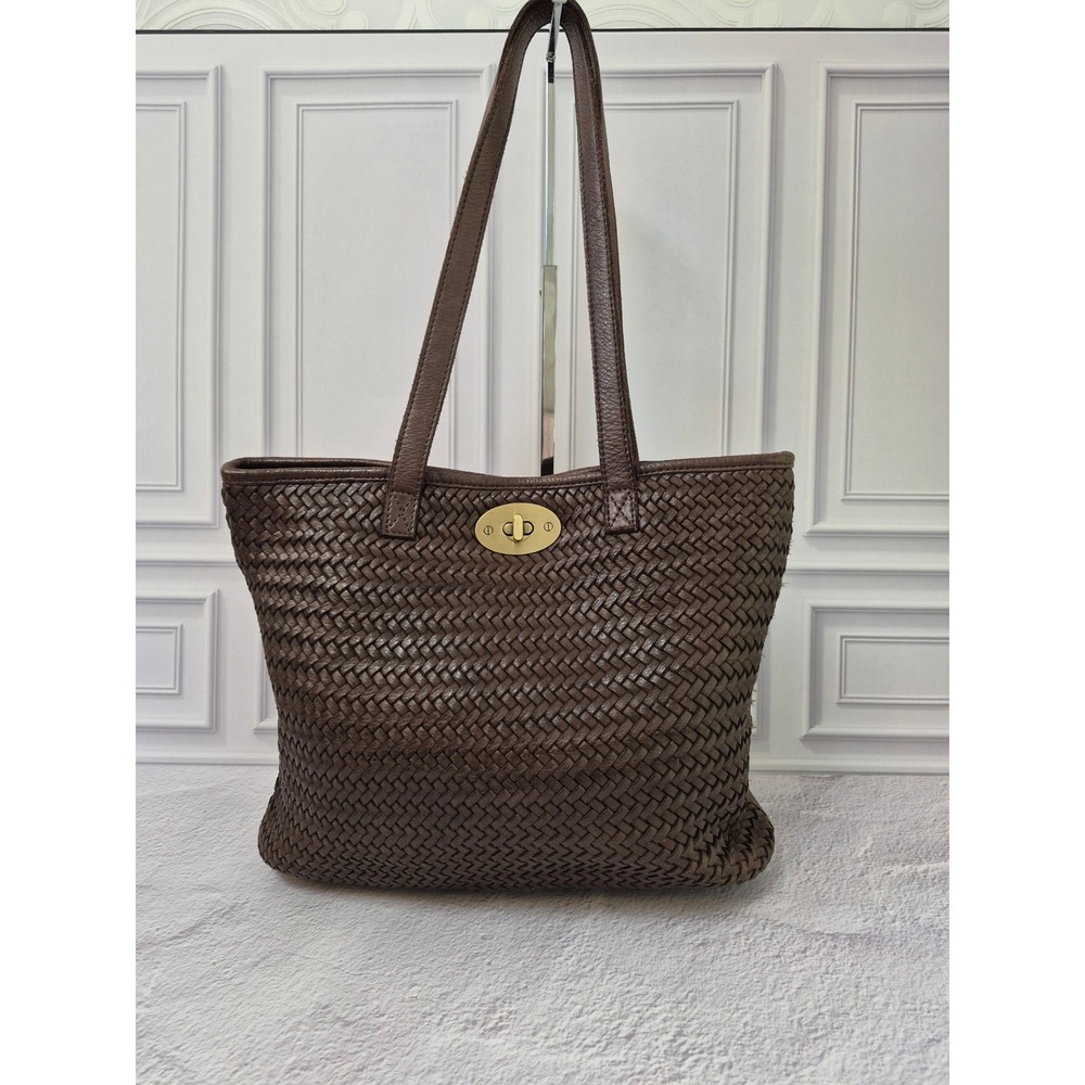 Ashwood Leather Brown Woven Tote Bag Braided Shoulder Bag Turn Lock Closure